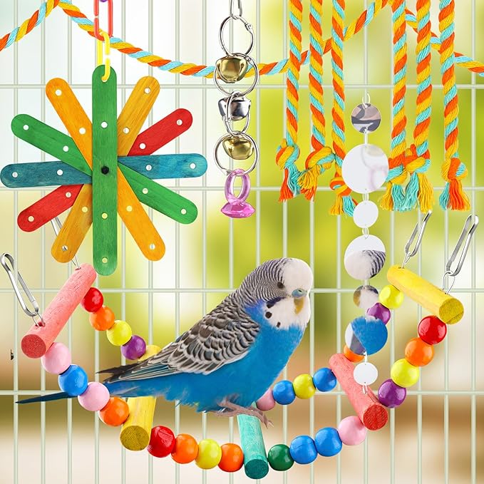 8 pcs Bird Toys for Parakeets with Colorful Ladder Hammock Bird Cage Accessories Bird Perch Stand Chewing Toys Hanging Bell Parrot-PawvioPets