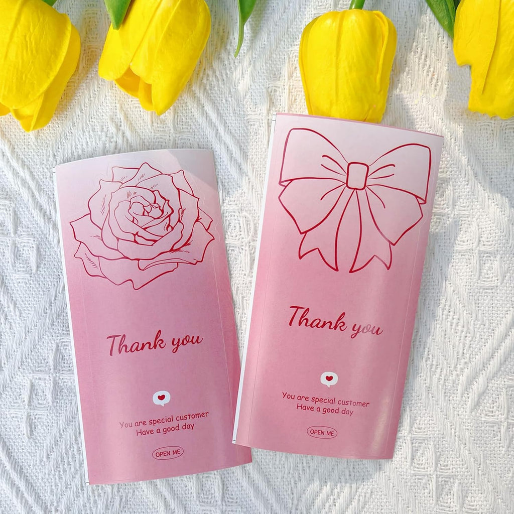 150Pcs Cute Pink Large Thank You Stickers,Bow Shaped Rose Gift Wrapping Decorations, Suitable for Gifts, Merchandise, Open Me Stickers, Large Labels, 4.72 x 2.36 inches.（Bow and Rose）