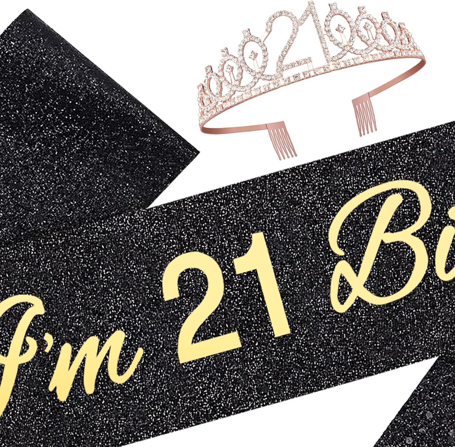 Glitter Black 21st Birthday Sash, Rhinestone Rose Gold Tiara, Cake Topper and Candles, 21st Birthday Decorations for Her