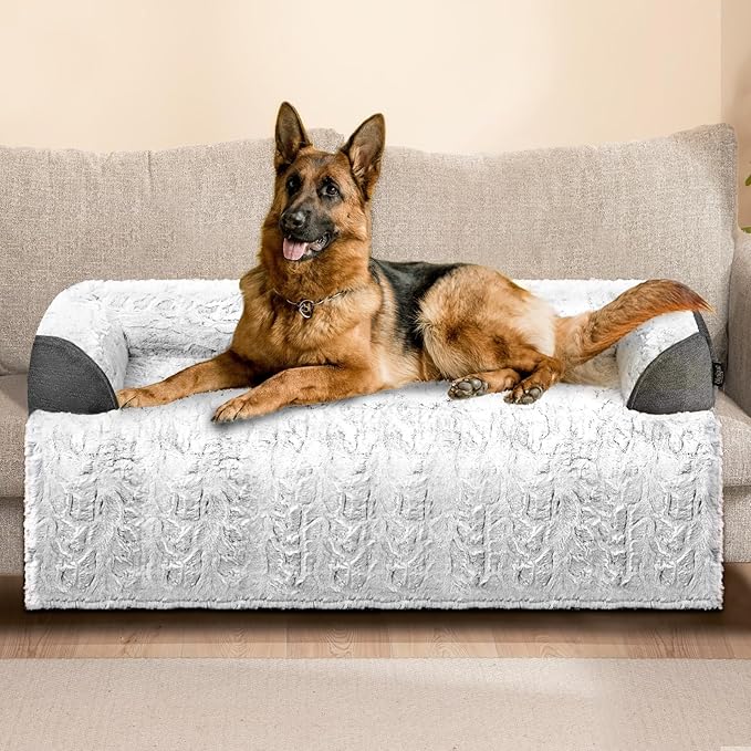 Calming Extra Large Dog Couch Bed, 45 x 37 inch Waterproof Memory Foam Dog Bed for Couch, Durable Fluffy Fuzzy Dog Bed Mats with Washable Removable Cover Protector for Sofa, Bedside - Grey-PawvioPets