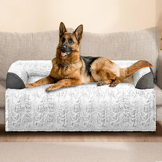 Calming Extra Large Dog Couch Bed, 45 x 37 inch Waterproof Memory Foam Dog Bed for Couch, Durable Fluffy Fuzzy Dog Bed Mats with Washable Removable Cover Protector for Sofa, Bedside - Grey-PawvioPets
