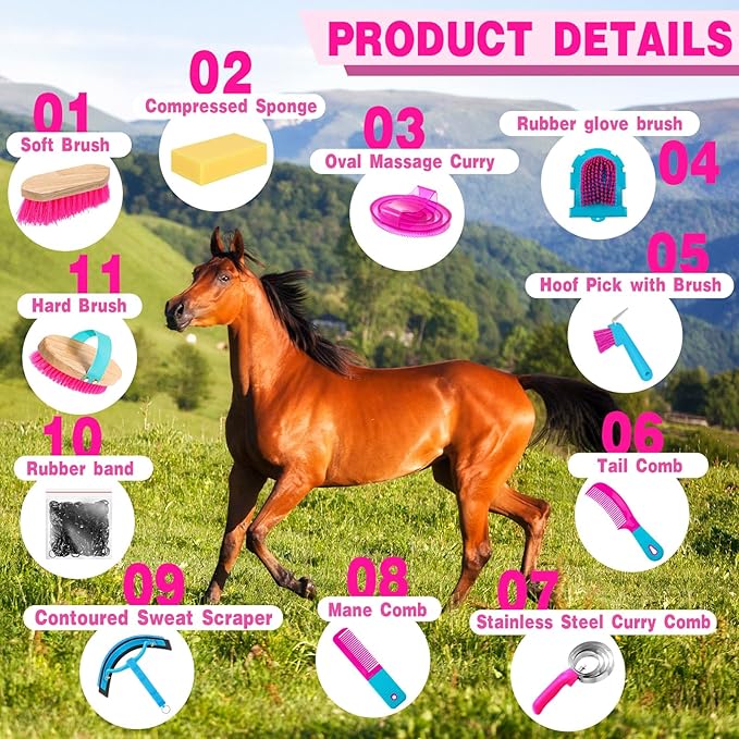 Abbylike 12 Pieces Horse Grooming Kit Racing Festival Tack Room Supplies Horse Brush Sets Equine Care Cleaning Kit Shedding Grooming Massaging Tools(Rose Red)-PawvioPets