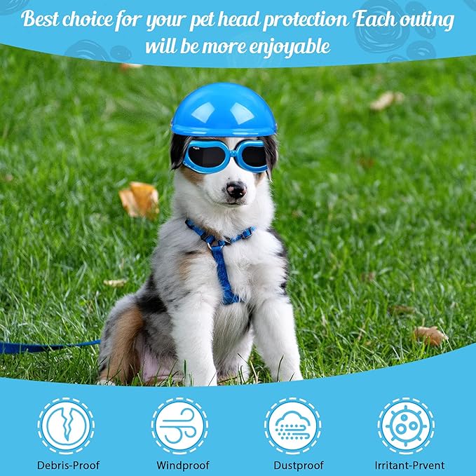 Frienda Dog Helmet and Goggles, UV Protection Doggy Sunglasses and 4 Inch Padded Puppy Motorcycle Helmet Adorable Dog Goggles with Adjustable Belt for Small Dogs Puppy Riding(Blue,S)-PawvioPets