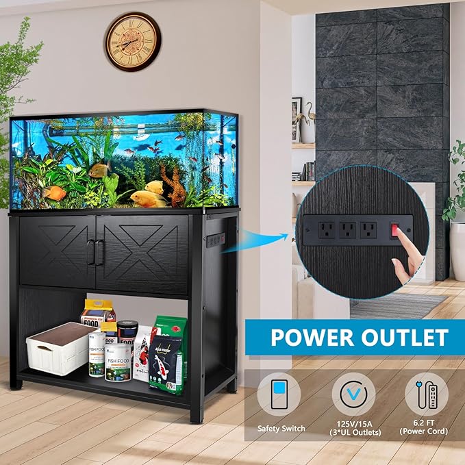 40 Gallon Tank Stand with Cabinet and Power Outlets, Heavy Duty Metal Aquarium Stand for 40-50 Gallon Breeder Tank, Turtle Tank, Double Terrarium Stand, 660LBS Capacity, Black-PawvioPets