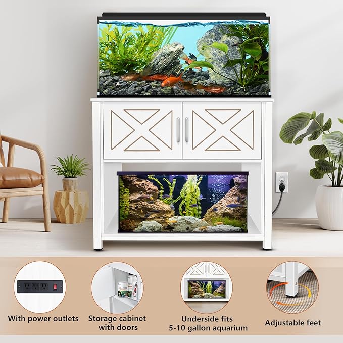 40 Gallon Tank Stand with Cabinet and Power Outlets, Heavy Duty Metal Aquarium Stand for 40-50 Gallon Breeder Tank, Turtle Tank, Double Terrarium Stand, 660LBS Capacity, White-PawvioPets