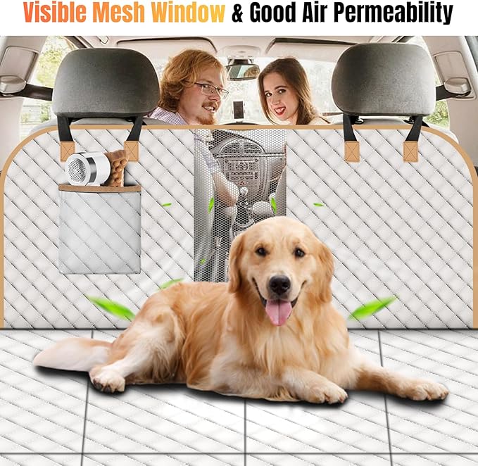 Dog Car Seat Cover for Back Seat, Dog Car Bed Cover with Strong Hard Bottom, Car Back Seat Extender Hammock for Car SUV Truck 4 Panels Beige Color-PawvioPets