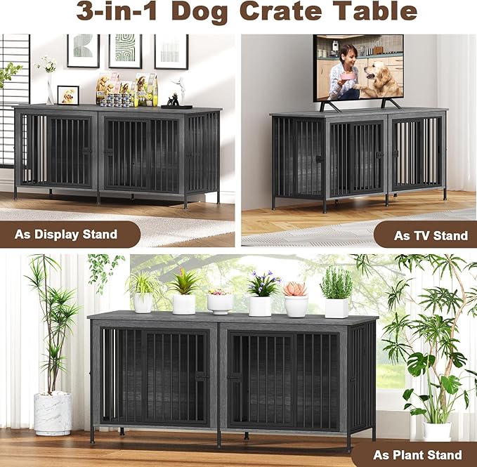 EasyCom 63" Dog Cage Furniture for 2 Pets with Divider, XL Wooden Double Dog Crate Furniture TV Stand for Mideum Breed, Durable and Sturdy-PawvioPets