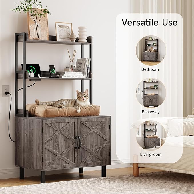 55 Inches Cat Litter Box Enclosure, Hidden Litter Box Furniture with 2 Storage Shelves and Charging Sockets, Wooden Cat House, Large Indoor Cabinet for Living Room & Entryway, Grey-PawvioPets