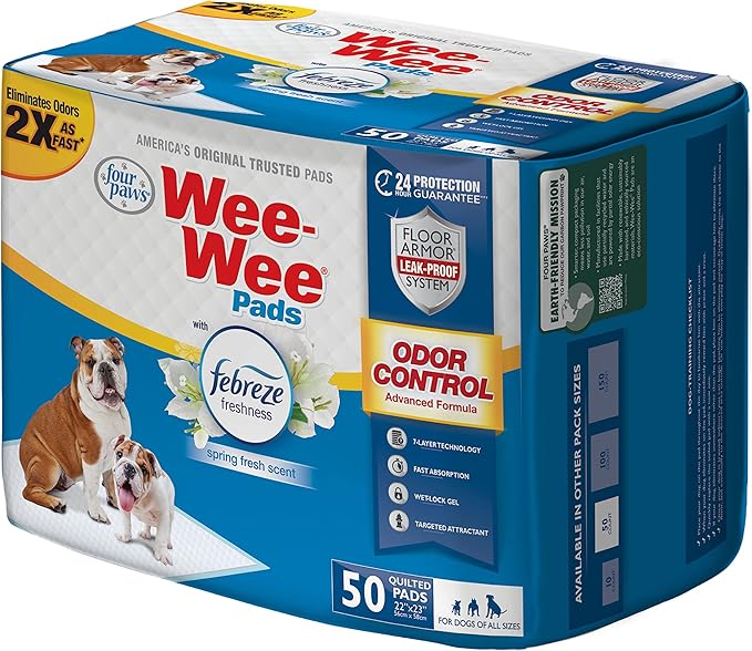 Four Paws Wee-Wee Odor Control with Febreze Freshness Pee Pads for Dogs & Puppies, Leak-Proof Dog Housebreaking Potty Training Floor Protection, Spring Fresh Scent, 22" x 23", 50 Count-PawvioPets