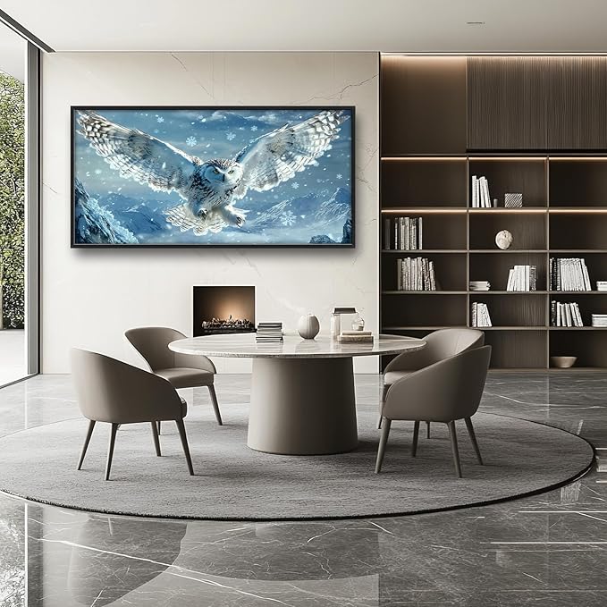 Framed Large Snowy Owl Wall Art for Living Room, Oversized Snowy Mountain Wall Decor Landscape Canvas Painting Modern Artwork Home Decoration for Living Room Bedroom Office 60"x30"-PawvioPets