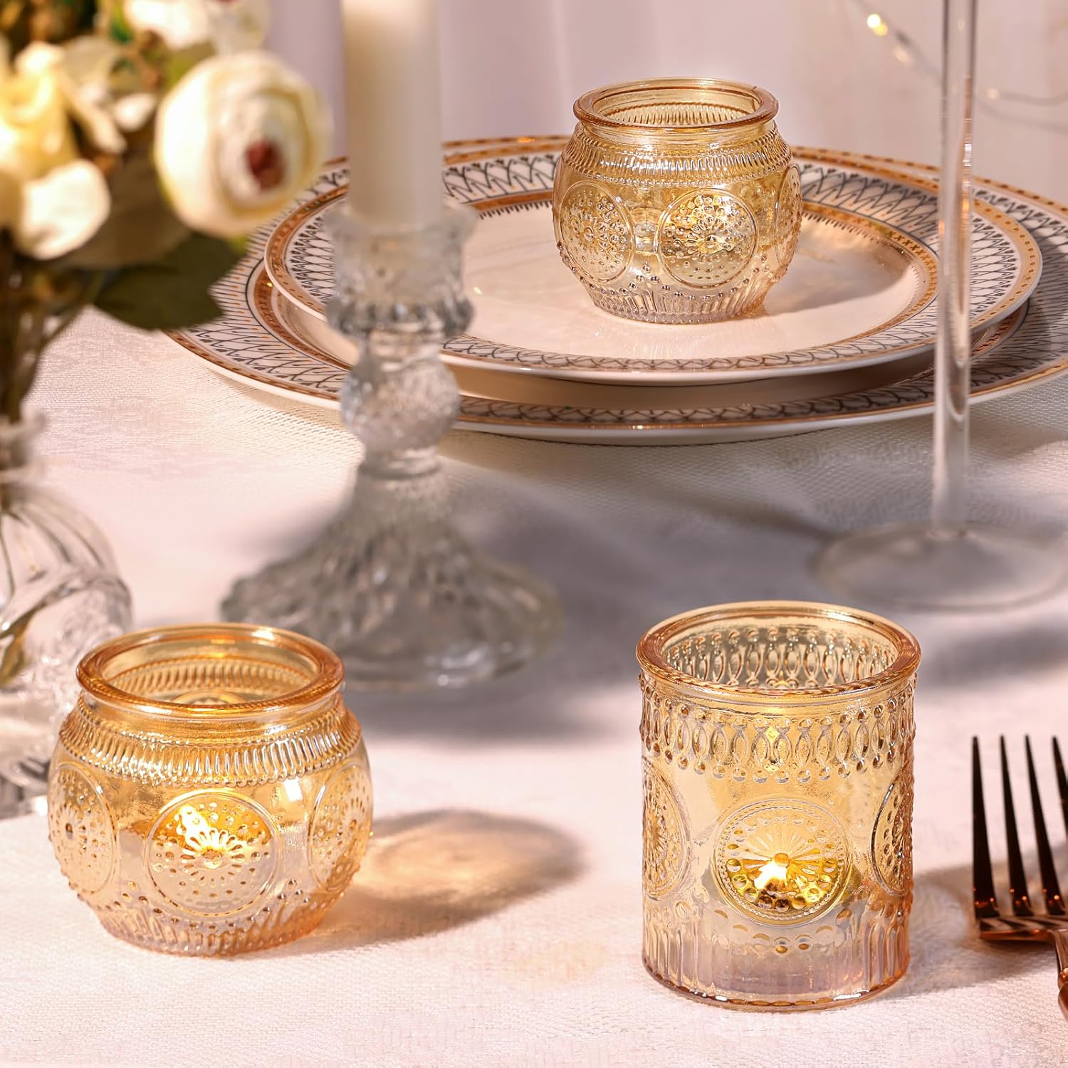 DARJEN 24Pcs Gold Votive Candle Holders - Glass Candle Holder Bulk for Table Centerpiece, Tea Lights Candle Holders for Home, Christmas Party & Wedding Shower