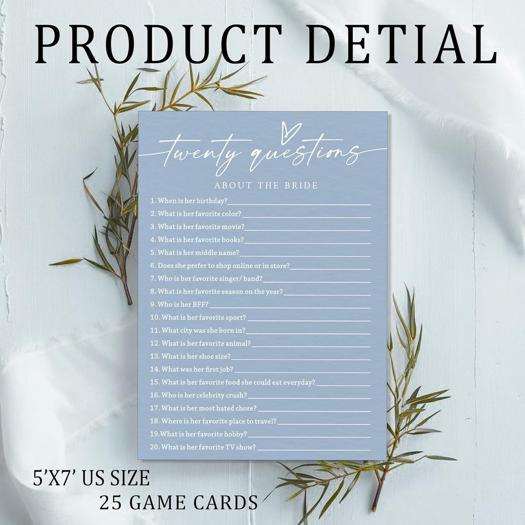 Fun Wedding Shower Games Cards, Twenty Questions About the Bride, Bridal Party Game and Favors for 25 Guests, Bridal Shower Decorations, Minimalist Blue Wedding Party Supplies - B07