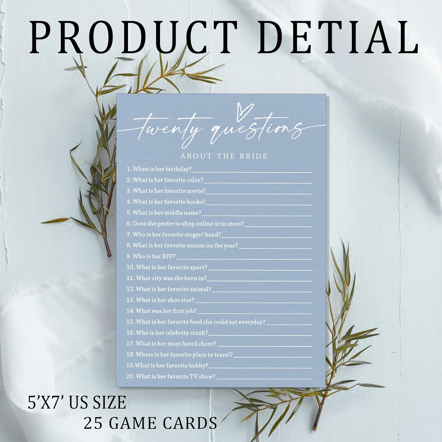Fun Wedding Shower Games Cards, Twenty Questions About the Bride, Bridal Party Game and Favors for 25 Guests, Bridal Shower Decorations, Minimalist Blue Wedding Party Supplies - B07