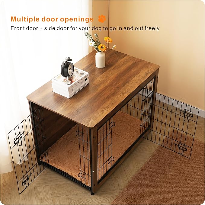 DWANTON Dog Crate Furniture with Cushion, Wooden Kennel Table with Double Doors, Indoor Dog House, Large Size, 38.5" L, Warm Brown-PawvioPets