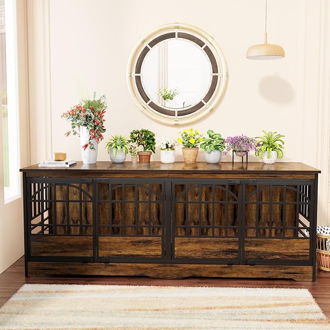 COZPAW 86 Inch Double Dog Crate Furniture for 2 Large Dogs, Decorative Dog Kennel Indoor TV Stand, Heavy Duty Wooden Dog Cage for Large Medium Dogs Sized Dog Pet House with Divider (Brown)-PawvioPets