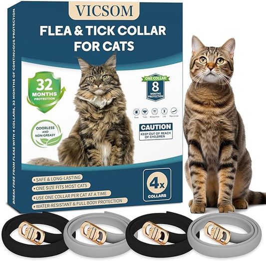 4 Pack Flea and Tick Collar for Cats, 32 Months Treatment Prevention, Waterproof Adjustable Kitten Collar, Black Grey-PawvioPets