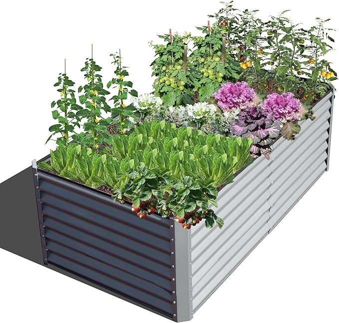 Domi Raised Garden Beds Outdoor, 6x3x2ft Thickening Tall Metal Rectangular Deep Root Box Planter for Vegetables, Flowers, Herbs, and Succulents 2" Deep w/ 256 Gallon Capacity - Silvery-PawvioPets