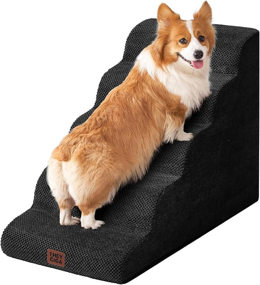 EHEYCIGA Curved Dog Stairs Ramp for High Beds, 5-Step Extra Wide Dog Steps for Small Dogs and Cats, Pet Stairs for High Bed Climbing, Non-Slip Balanced Pet Step Indoor, Black-PawvioPets