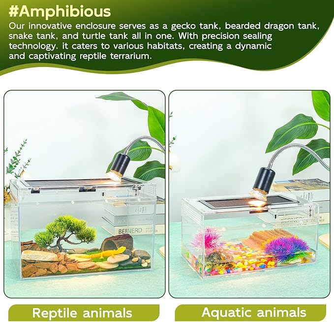 12.5''×6''×7'' Reptile Tank Kit with Heat Lamp, Spray Bottle, Shovel, Tweezers, Food Bowl, Hideout -Perfect for Geckos, Snakes, Lizards, Turtles, Jumping Spider,Milk Frog,Hermit Crabs-PawvioPets