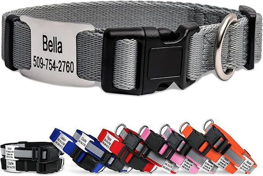 GoTags Personalized Dog Collar with Nameplate, Adjustable Dog Collar with Custom Engraved Slide On Pet ID Tag in Stainless Steel, Silent, No Noise Dog Tag (Light Gray, Small)-PawvioPets