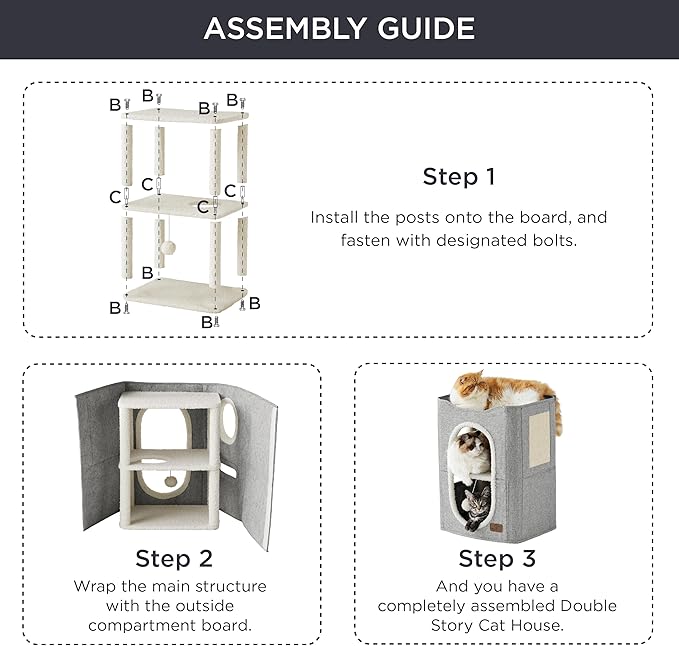 Bedsure 2 Story Cat House - Cat Condos for Indoor Cats with Scratch Pad and Fluffy Ball Hanging, Small Pet Cave Furniture Hideaway for Multi Pets, 18x14x23 inches, Blue-PawvioPets