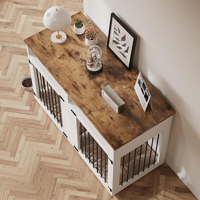Dog Crate Furniture for 2 Dogs, 55 Inch Dog Crate Indoor with Removable Divider and Shelf Storage, Wooden Dog Crates for Medium/Large Dogs, White-PawvioPets