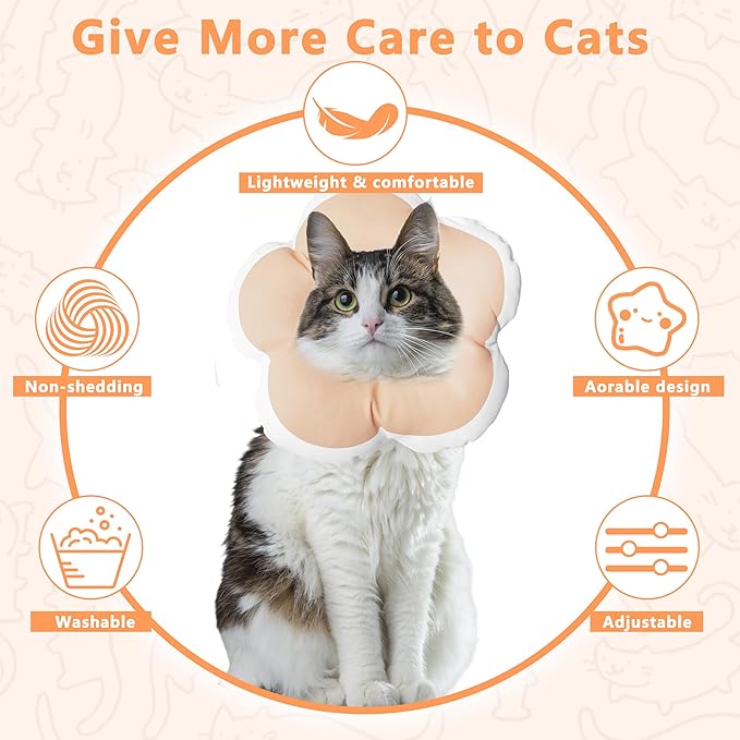 Cat Cone Collar Soft, Waterproof Cats Cones to Stop Licking After Surgery, Adjustable Soft Elizabeth Cats Collars for Wound Healing, Flower Shape Cat Recovery Collar (Pastel Orange, Large)-PawvioPets