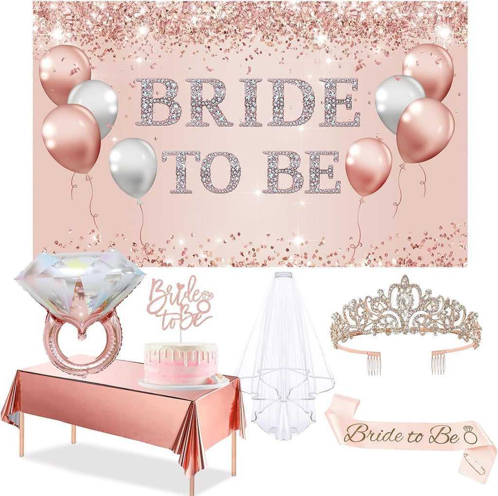 Trgowaul Bachelorette Party Decorations for Women, Rose Gold Bride to Be Banner, Bridal Shower Tiara, Bride to Be Sash&Veil, Bride to Be Cake Topper Bridal Shower Party Decorations Set