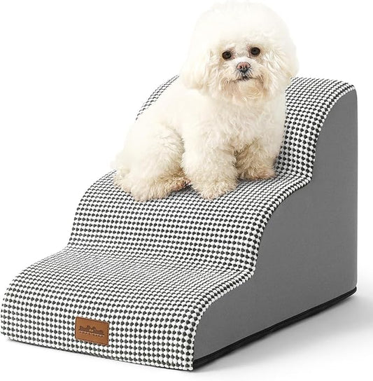 Dog Stairs for Small Dogs 15.7" H, Curved Dog Step for Puppy, Older Cat, Medium Pet Ramp for Sofa, Couch or Chair, Ladder with High Density Foam, 15.7x22.4x15.7 inch, 3 Step, White Black-PawvioPets