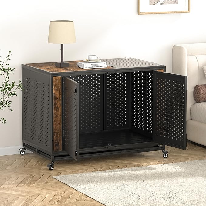 48" Heavy Duty Dog Crate Furniture for Extra Large Dogs, Enclosed Design with 0.5 inch Holes, Indestructible Metal Kennel for High Anxiety Dogs, Chew Proof Pet Cage House Indoor, Brown-PawvioPets