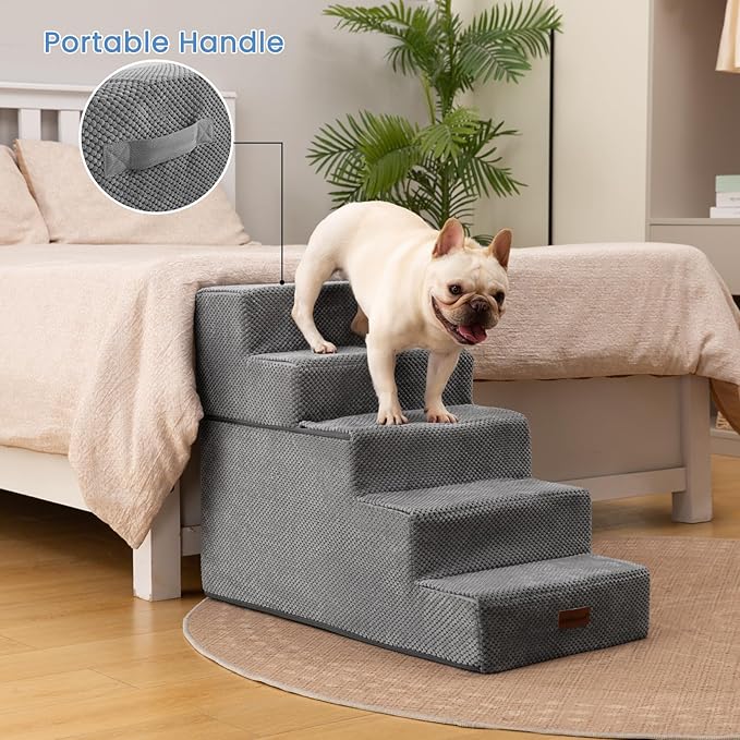 Dog Stairs for High Bed 22.6" H,5-Step Dog Steps for Small Dogs and Cats,Indoor Non-Slip Balanced Pet Stairs are Suitable for Puppy,Older Cat,Grey-PawvioPets