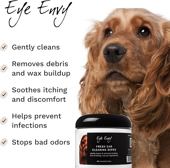 Eye Envy Fresh Ear Cleaning Wipes for Dogs. Made in The USA from Natural Ingredients. Unscented. Prevents Infections. Safe and Non-Irritating. Removes Dirt, Debris, and Wax buildup. 60 Count.-PawvioPets