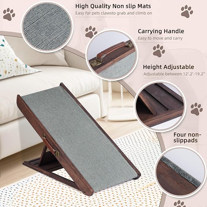 Folding Dog Ramp for Bed, Couch, Car, SUV & RV - Adjustable 4 Heights (12.2"-19.2"), 35.4" Long Wooden Pet Ramp with Non-Slip Mat & Safety Rails - Supports Pets up to 200 lbs-PawvioPets