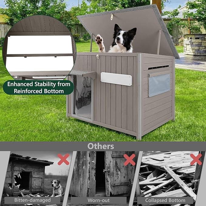43.3" L Large Outdoor Dog House Weatherproof Doghouse for Medium to Large Dogs with Anti Bite Frames Wooden Dog Kennel with Window,8 Elevated Feet,Reinforced Bottom for Pet Up to 180 LBS-PawvioPets