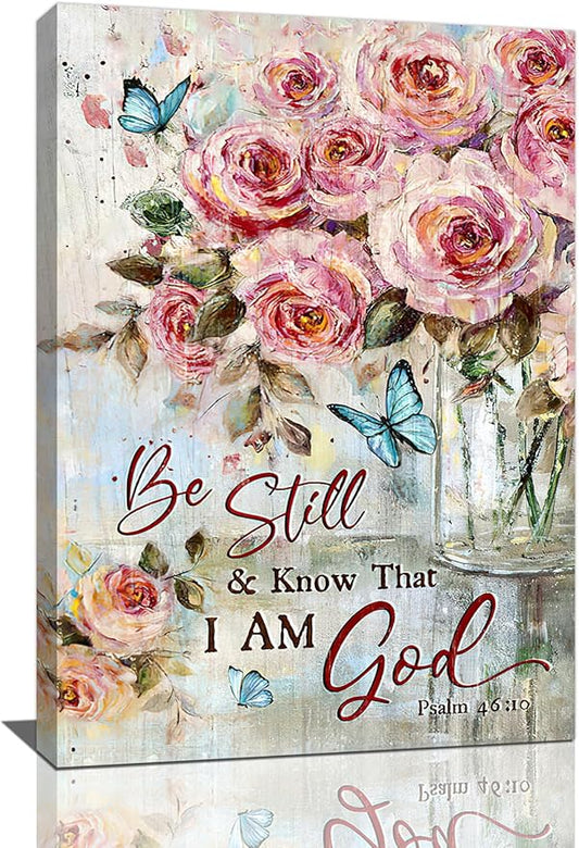Farmhouse Rose Wall Art Christian Scripture Pictures Pink Rose Wall Decor Rustic Floral Butterfly Canvas Print Painting Artwork for Bathroom Living Room Bedroom 16"x24"-PawvioPets
