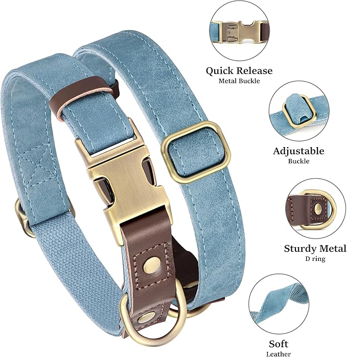 Didog Soft PU Leather Dog Collar for Large Dogs,Classic Adjustable Dog Collars with Quick Release Metal Buckle,Easy Clean and Comfortable with Nylon Lining,Denim Blue,L Neck 15-23"-PawvioPets