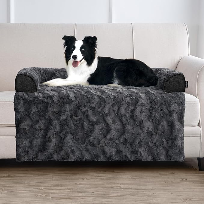 Calming Large Dog Bed for Couch, 41 x 37 inch Removable Couch Cover for Dogs Washable, Non-Slip Fluffy Plush Dog Sofa Mat for Furniture Protector - Dark Grey-PawvioPets