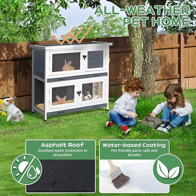 2 Story Solid Wood Rabbit/Bunny Hutch with 2 Large Main Rooms, Indoor Outdoor Rabbit House Guinea Pig Cage Pet House for Small Animals with Ventilation Door Removable Tray Waterproof Roof (Grey)-PawvioPets