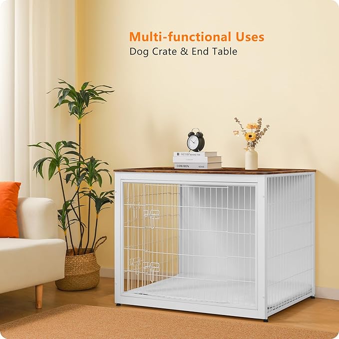 DWANTON Dog Crate Furniture with Cushion, Wooden Kennel Table with Double Doors, Indoor Dog House, Extra Large Size, 43.3" L, White+Rustic Brown-PawvioPets