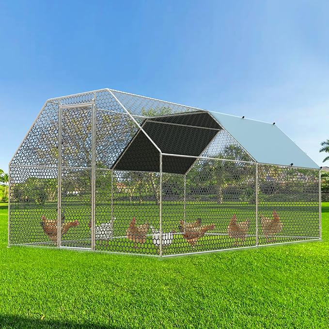 4ever2buy Chicken Runs for Yard with Cover, Large Metal Chicken Run Walk in Metal, Outside Dog Kennel with Roof, Flat Roofed Outdoor Kennel for Cats(9.2’Lx12.47’Wx6.4’H)-PawvioPets