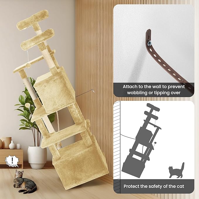 69in Large Cat Tree Tower for Indoor Cats with Soft Plush Hang Ball, Two Condos, Sisal Scratch Posts & Rope Play for Kittens/Adult Cats, Beige-PawvioPets