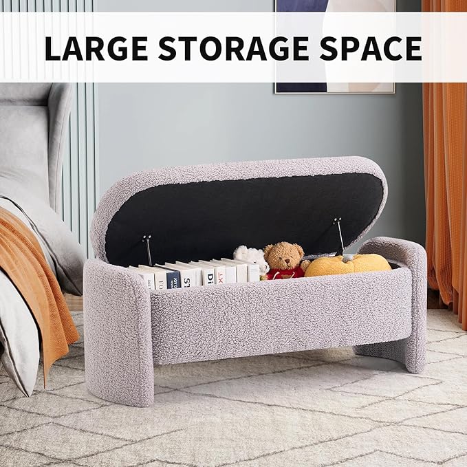 48 Inch Lamb Fleece Oval Storage Bench Upholstered Ottoman Bench with Storage, Bedroom Bench with Large Storage Space, for Bedroom Living Room Entryway, Grey-PawvioPets