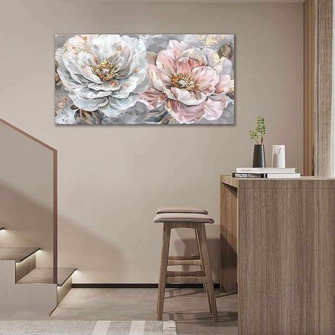 Extra Large Flower Wall Art Pink and White Floral Canvas Living Room Golden Pictures Framed Prints Oversize Wall Decor Big Painting Artwork for Bedroom Dining Office Home 60"x30"-PawvioPets
