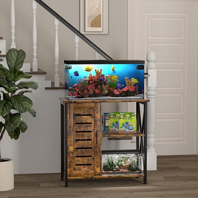 20-29 Gallon Fish Tank Stand, Aquarium Stand with Cabinet Accessories Storage, Heavy Duty Metal Frame, 31.49" L*15.74" W Tabletop, 330LBS Capacity, Rustic Brown PG07YGN-PawvioPets