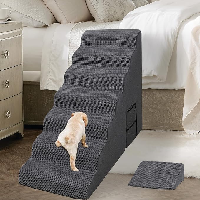 Dog Stairs for High Beds 30-36 inches Tall, 7-Step Pet Stairs/Steps for Small Large Dogs, 30D Foam Pet Steps/Ramp/Ladder for High Bedsides, with 4pcs Dog Ramp for Stairs, Dark Grey-PawvioPets