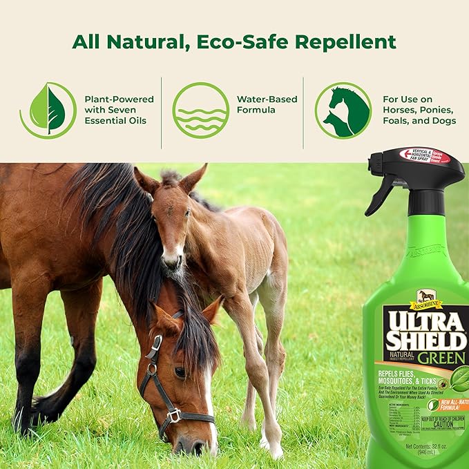 Absorbine UltraShield Green All-Natural Fly & Insect Repellent for Horses & Dogs, Essential Oils Repel & Control, 32oz Spray Bottle-PawvioPets