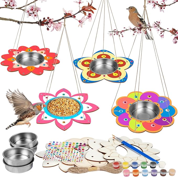 Fennoral 4 Pack Bird Feeder Kits for Kids Make Your Own Bird Feeders Wooden Art and Craft for Girls Boys Ornaments DIY to Paint Bird Feeders Craft for Spring Garden Outdoor Summer Activities Project-PawvioPets