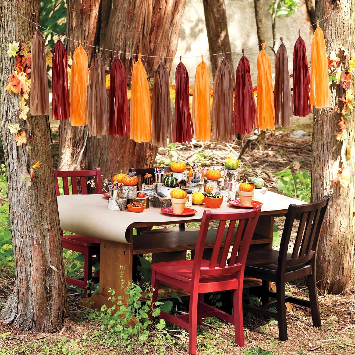 Brown Burgundy Orange Party-Decorations - 23pcs Fall Autumn Thanksgiving Harvest Paper Tissue Pom Poms Streamers,Rustic Boho Wedding Tassel Garland Banner,Birthday Baby Shower Decor Lasting Surprise