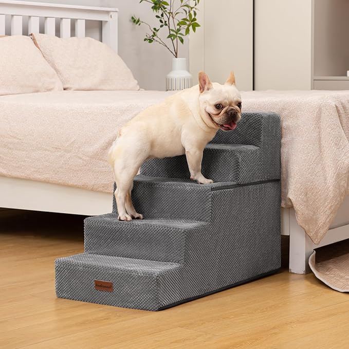 Dog Stairs for High Bed 22.6" H,5-Step Dog Steps for Small Dogs and Cats,Indoor Non-Slip Balanced Pet Stairs are Suitable for Puppy,Older Cat,Grey-PawvioPets