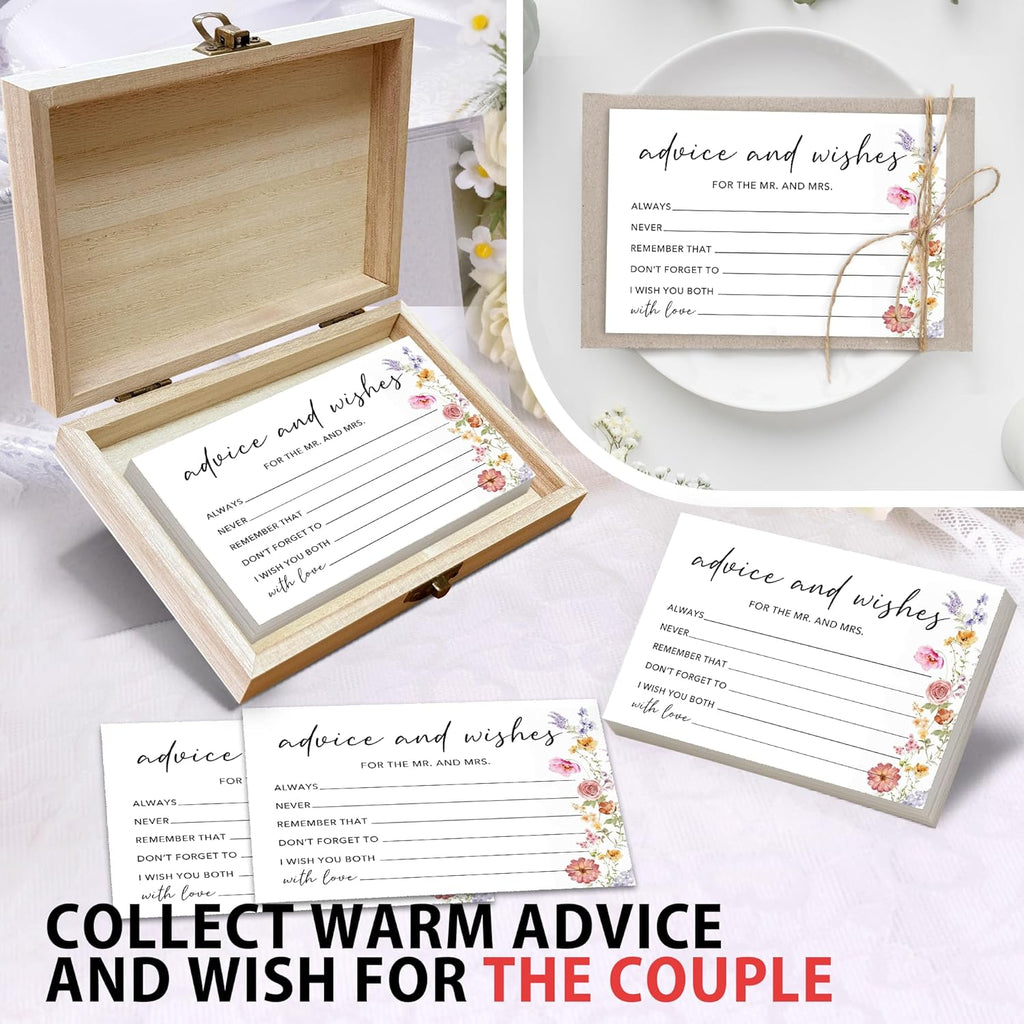 50 Pcs Advice and Wishes for the Mr and Mrs Cards in Box - Bridal Shower Guest Book - Perfect for Newlywed Games, Reception Decor, Engagement Parties & Anniversary Wishes(Wildflower) - B06